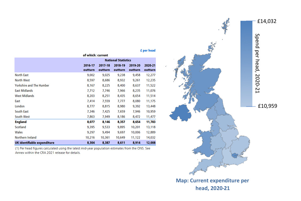 Table A.3b Total current identifiable expenditure, per head 2016-17 to 2020-21, including a map showing current expenditure for 2020-21 by UK NUTS region