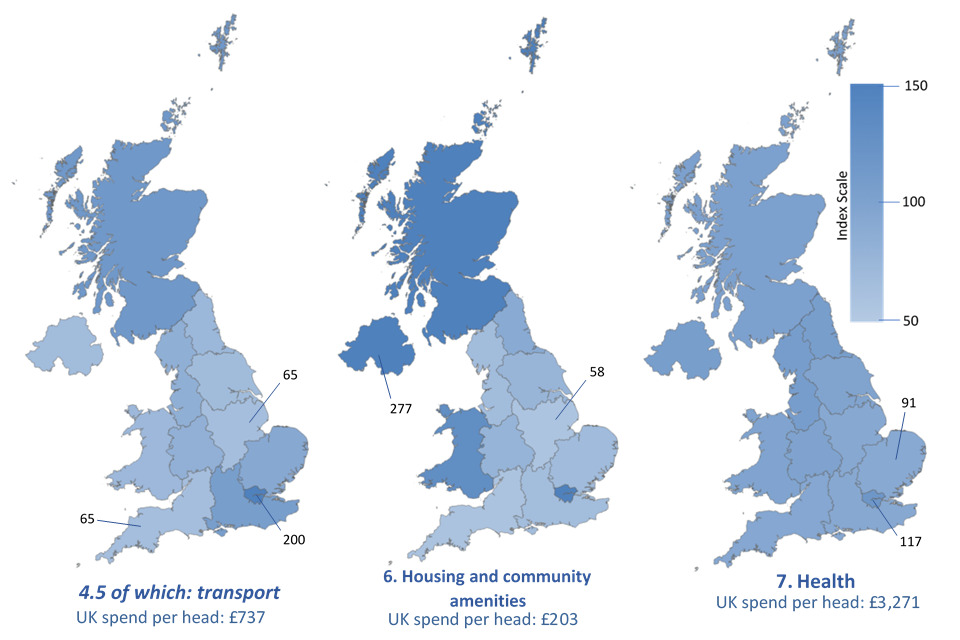 Maps based on Table A.16: UK identifiable expenditure by function, per head, indexed, 2020-21
