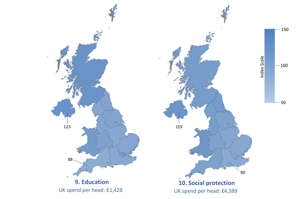 Maps based on Table A.16: UK identifiable expenditure by function, per head, indexed, 2020-21