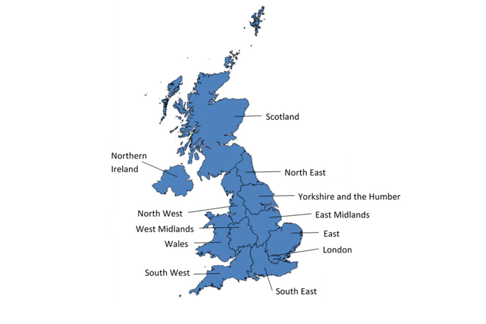 A map showing the UK NUTS regions with labels