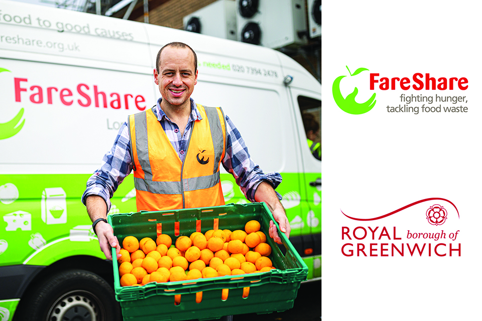 FareShare and the Royal Borough of Greenwich logos. FareShare food delivery representative.