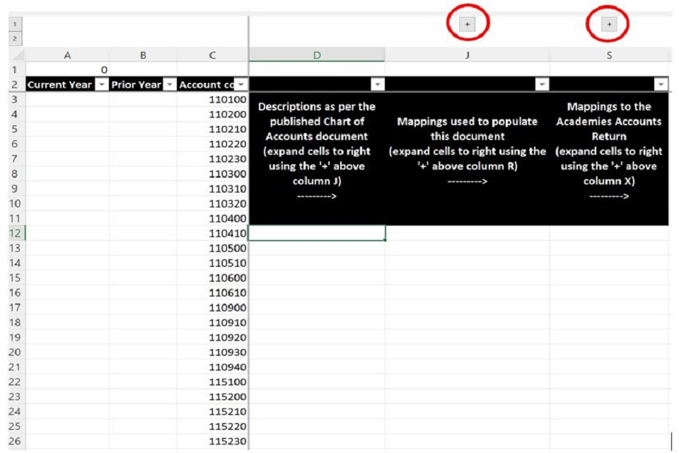 Screen shot of mapping tab in the draft financial statements