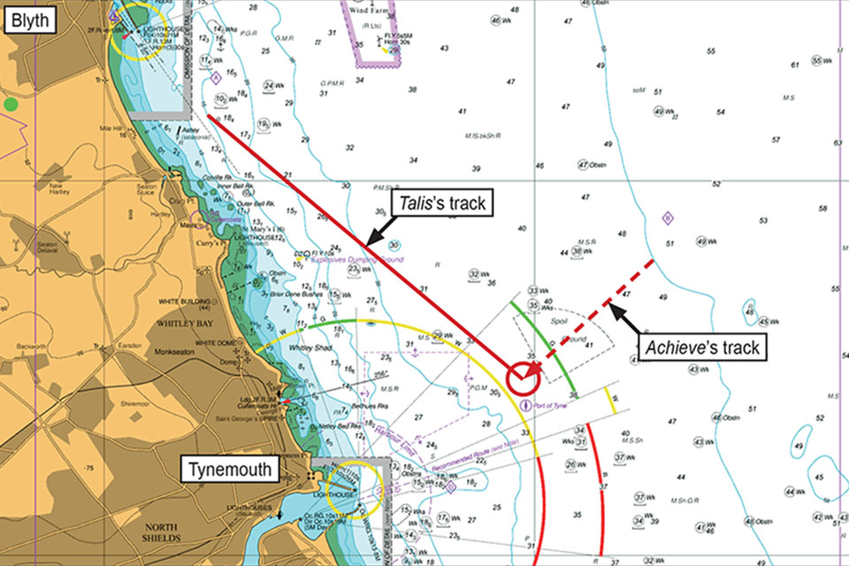 Admiralty chart showing tracks of Talis and Achieve off Tynemouth