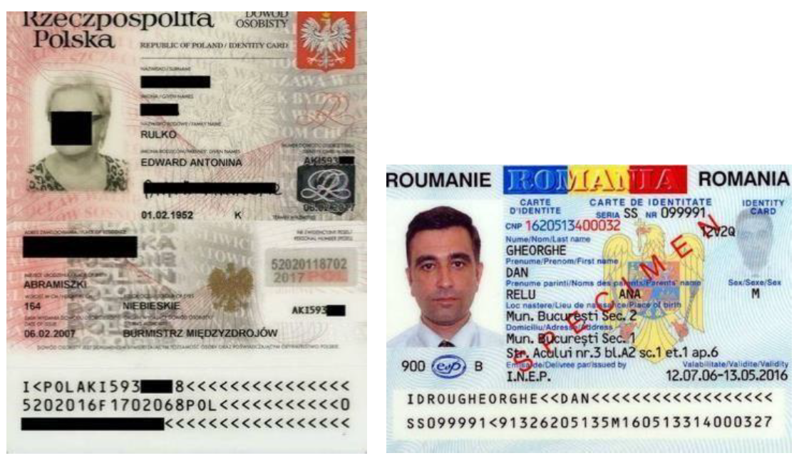 Example image design of EU identity cards, in this case the Polish and the Romanian identity card. 