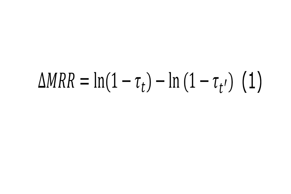 Formula: The change in the MRR is equal to the difference in natural logarithms of the post and pre policy MRR.