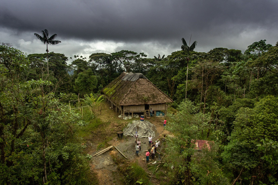 A medicine house of a Colombian indigenous community is shown in the Amazon rainforest. Several people can be seen approaching the medicine house. 