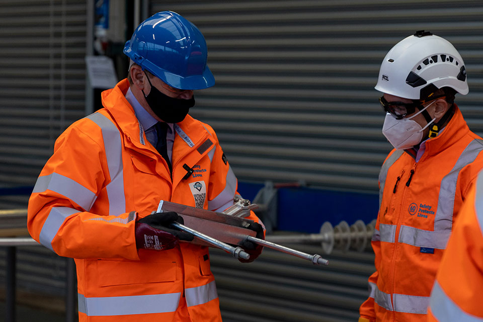 The Rt Hon Grant Shapps MP visits a railway gantry manufacturing factory.