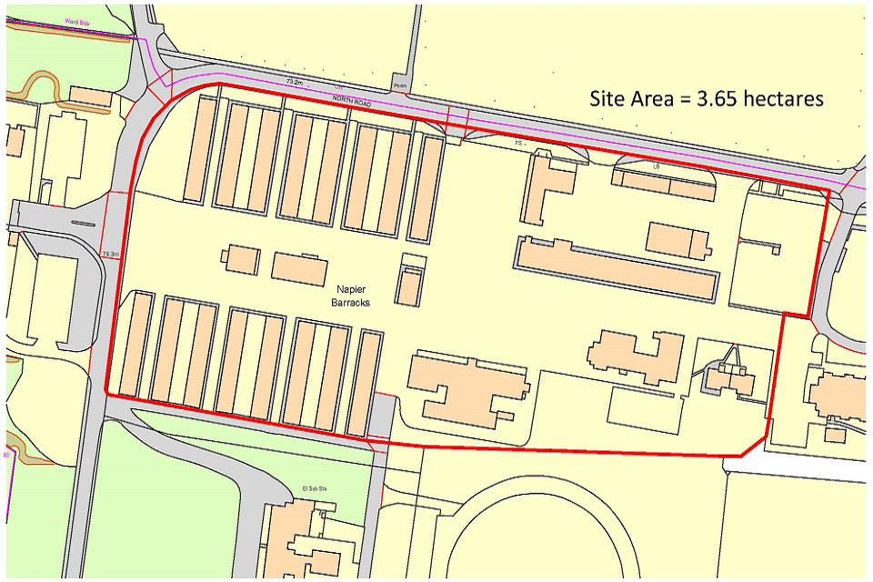 Map of Napier Barracks, with site area of 3.65 hectares.