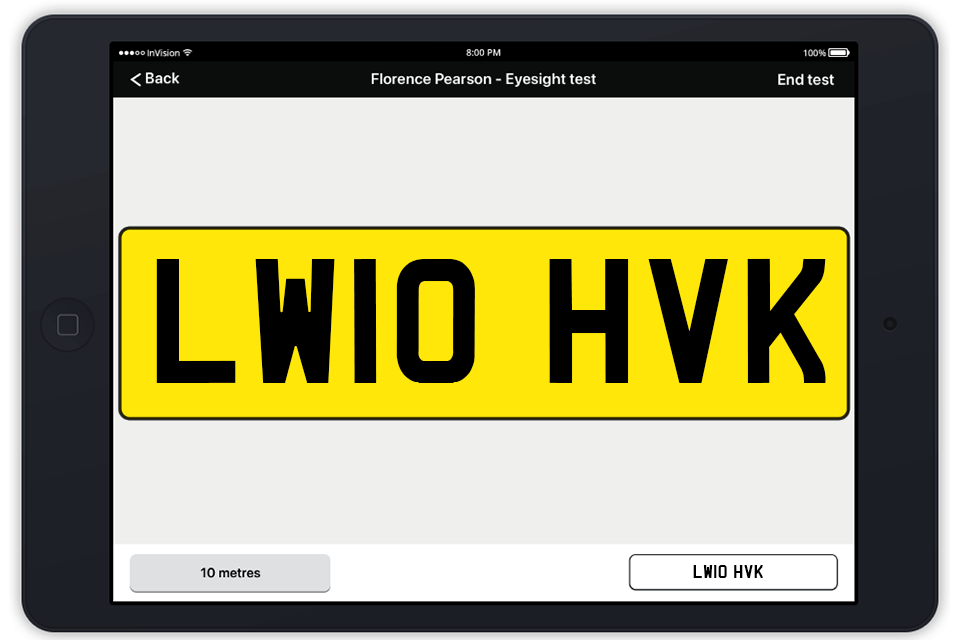 A mock up of a screen on a tablet device. It shows a yellow number plate in the middle of the screen.