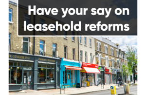 Photo of high street with the text: Have your say on leasehold reforms