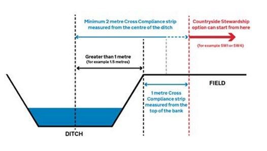 Where to start measuring Countryside Stewardship options in relation to cross compliance requirements where the boundary feature is a WIDE DITCH and the distance from the centre to the top of the bank is more than 1m.
