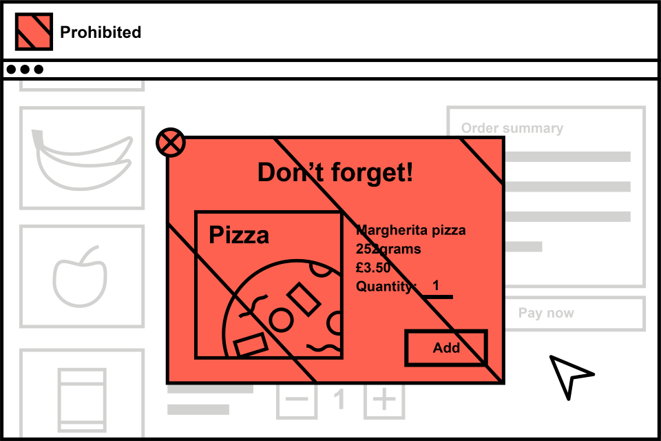 A pop-up saying ‘don't forget’ for a pizza high in fat, sugar and salt, which is restricted.