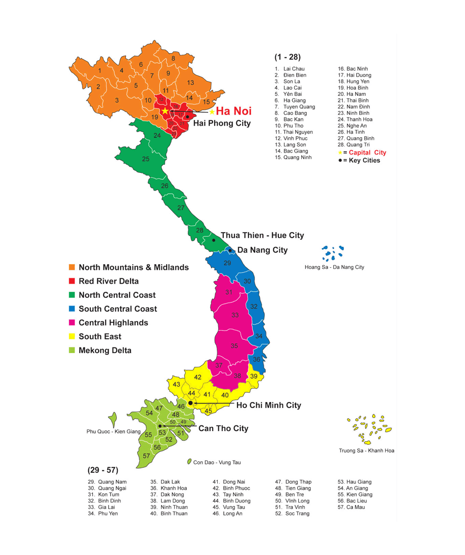Map showing the different regions and provinces within Vietnam.