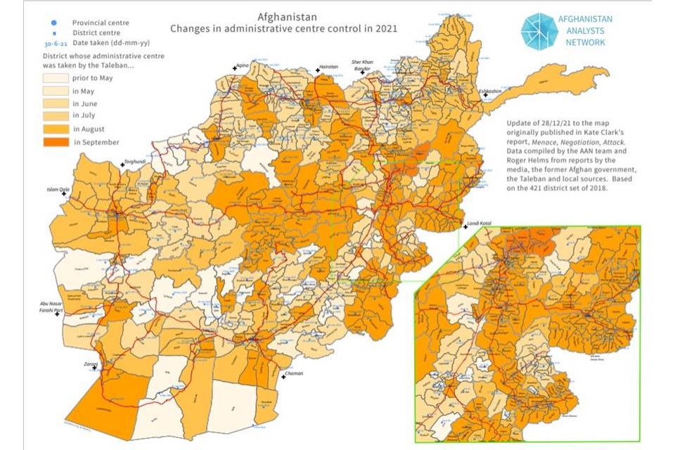 Map by Roger Helm detailing when Afghanistan’s districts and provincial capitals fell to the Taliban, based on research carried out by Roger and the AAN team between May and September 2021