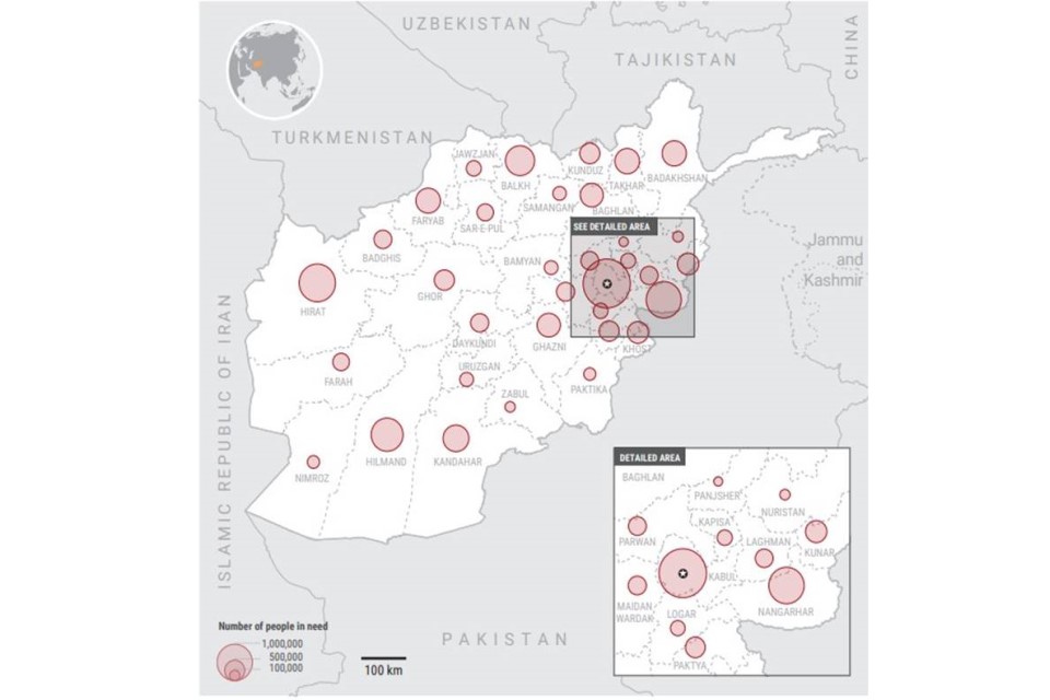 A map showing the regions where most people were in need of humanitarian assistance