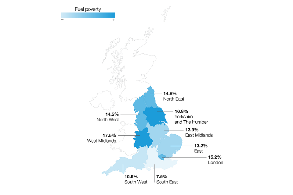 Map of England showing proportion of households living in fuel poverty  