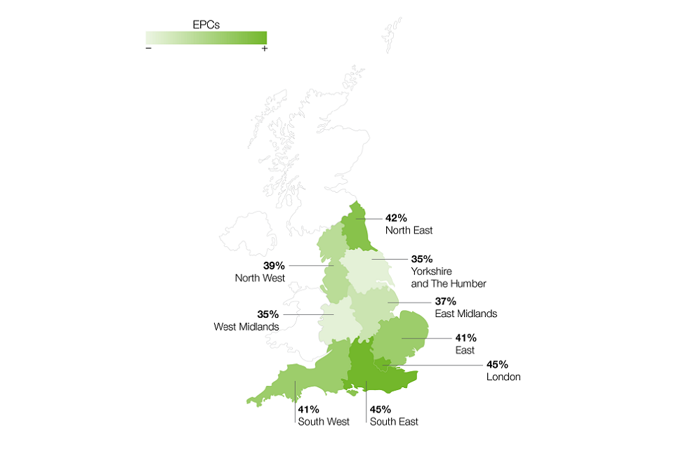 Map of England showing energy efficiency of buildings by location 