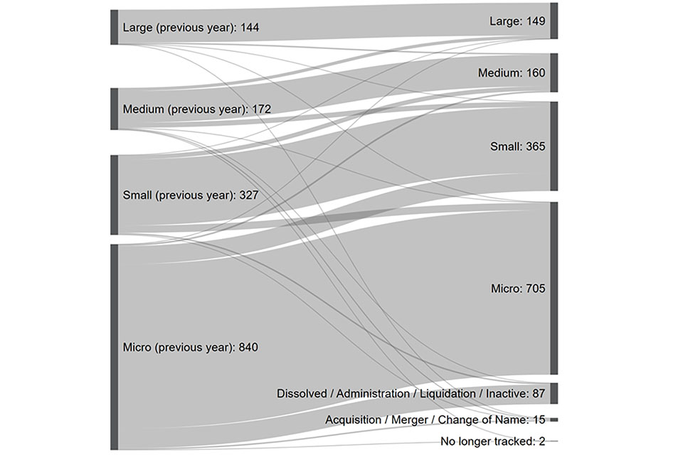 Sankey flow chart showing the size composition of cyber security firms between 2020 and 2021. The size composition of firms remains fairly static overall.