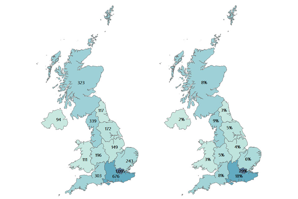 Maps of UK showing number of active offices.