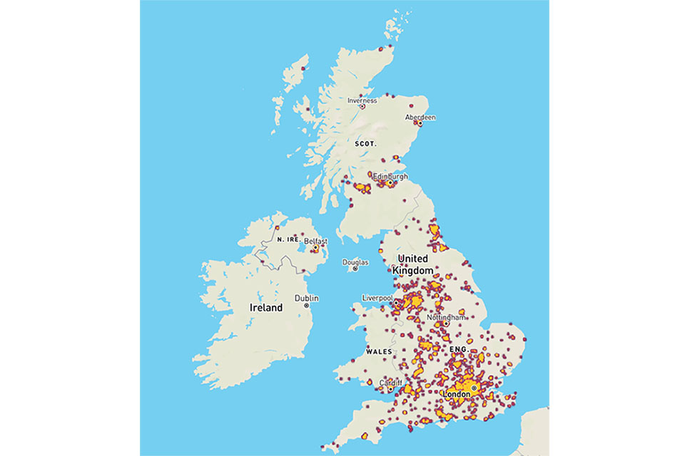 Cyber security firm level heat map of the UK. The greatest concentration of offices is in London and the South East.