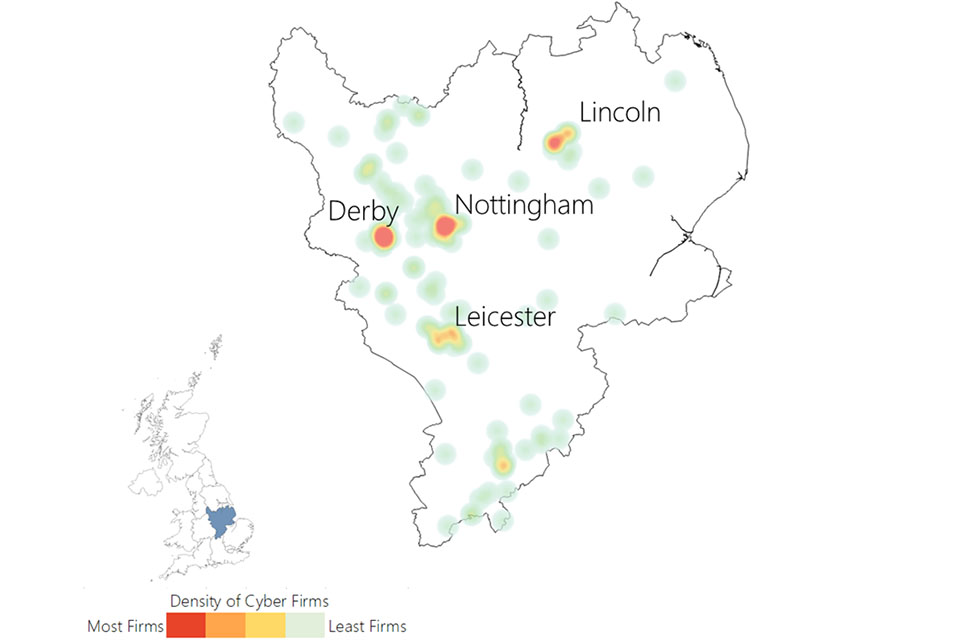 Heat map of the East Midlands showing a density of cyber firms in Derby, Nottingham, Lincoln and Leicester.
