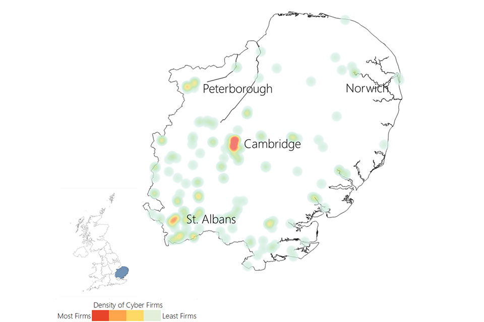 Heat map of the East of England showing a density of cyber firms in Cambride, St Albans, Peterborough and Norwich.