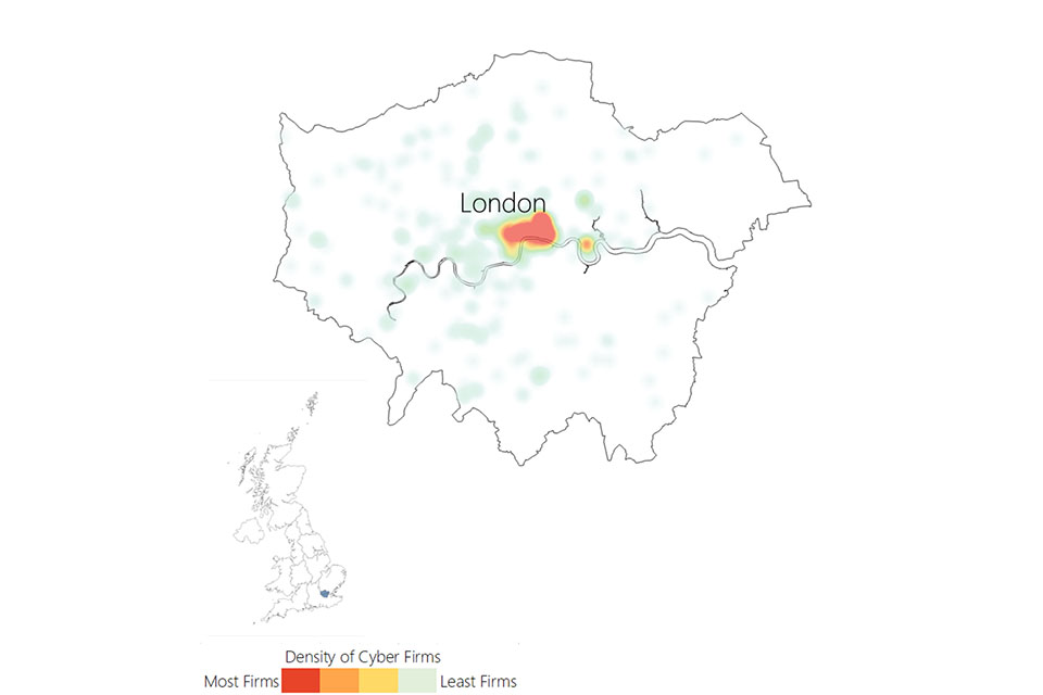 Heat map of Greater London showing a density of cyber firms in the centre.