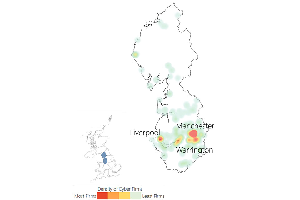 Heat map of the North West showing a density of cyber firms in Manchester, Liverpool and Warrington.