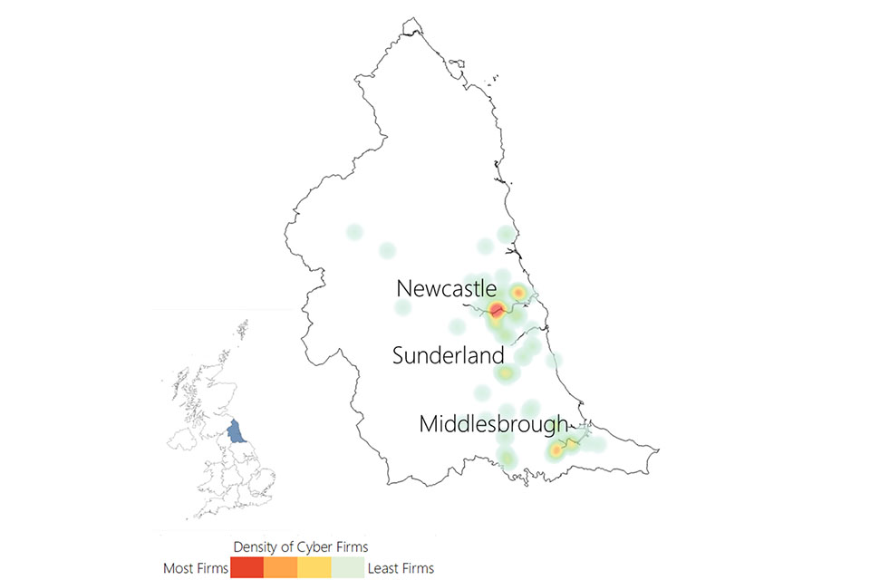 Heat map of the North East showing a density of cyber firms in Newcastle, Middlesbrough and Sunderland.