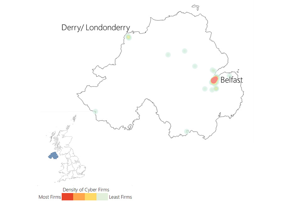 Heat map of Northern Ireland showing a density of cyber firms in Belfast and Derry / Londonderry.