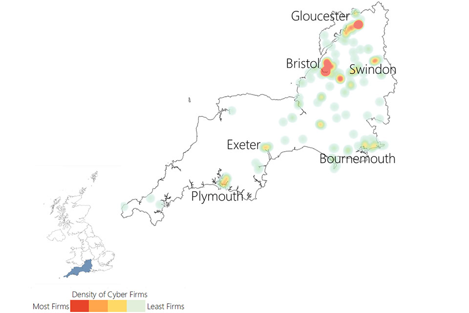 Heat map of the South West showing a density of cyber firms in Bristol, Gloucester, Swindon, Plymouth, Exeter and Bournemouth.