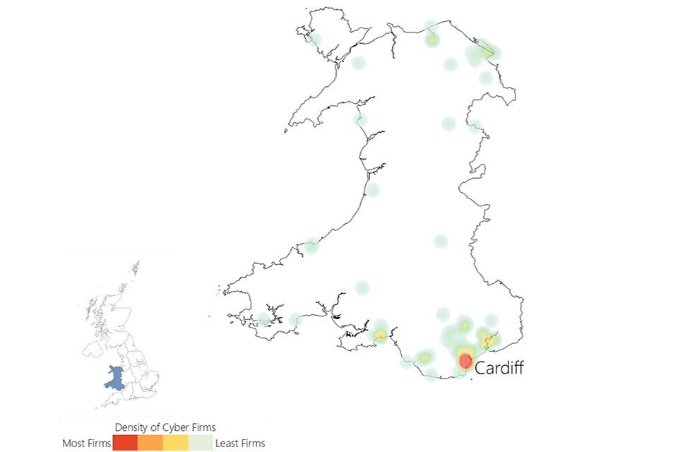 Heat map of Wales showing a density of cyber firms in Cardiff.