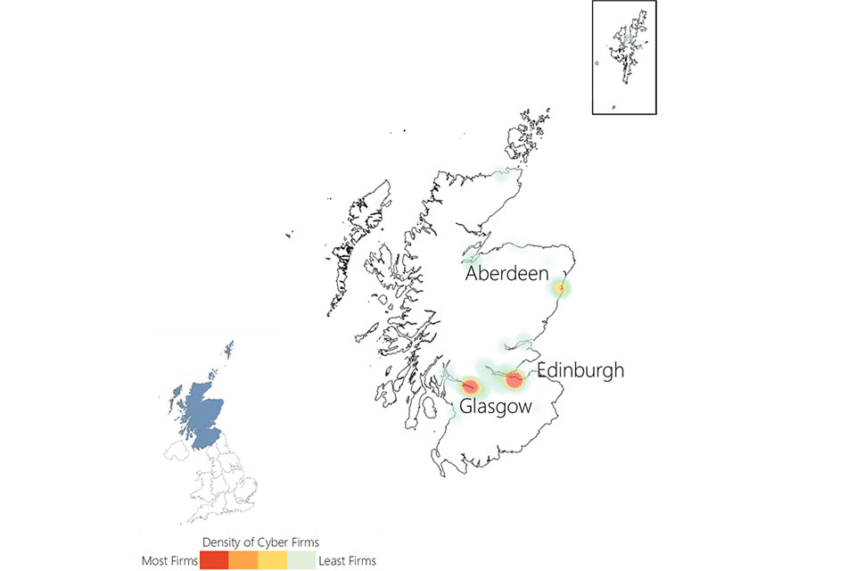 Heat map of Scotland showing a density of cyber firms in Edinburgh, Glasgow and Aberdeen.