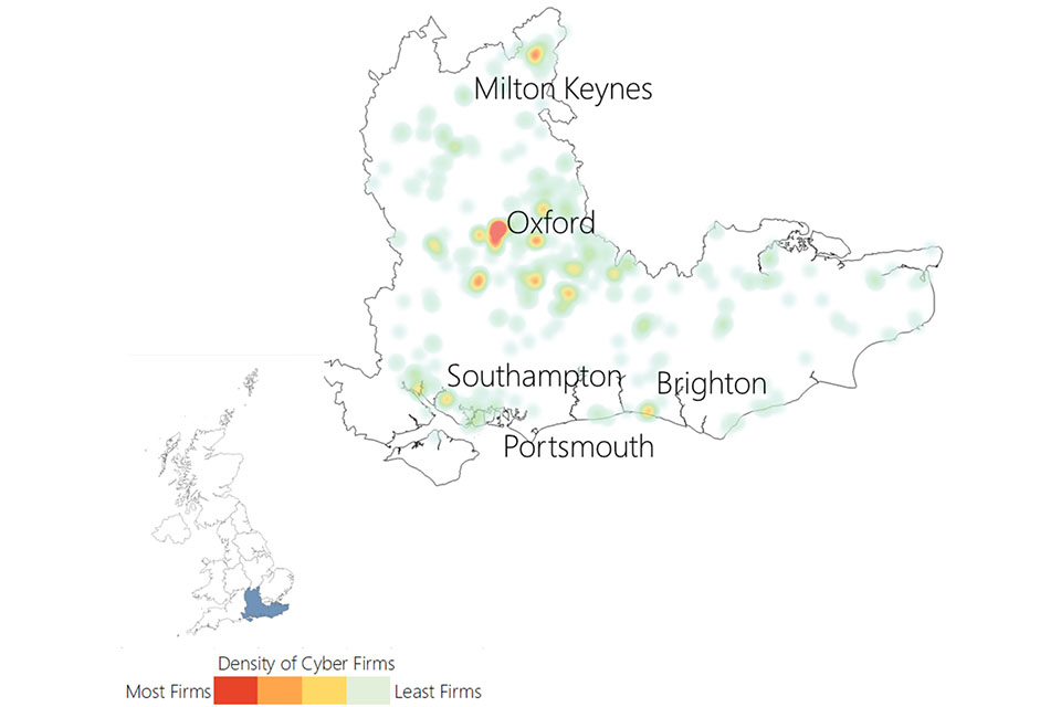 Heat map of the South East showing a density of cyber firms in Oxford, Milton Keynes, Southampton, Portsmouth and Brighton.