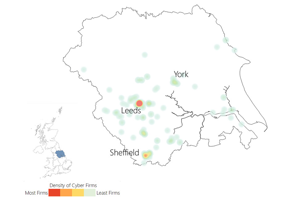 Heat map of Yorkshire and the Humber showing a density of cyber firms in Leeds, Sheffield and York.