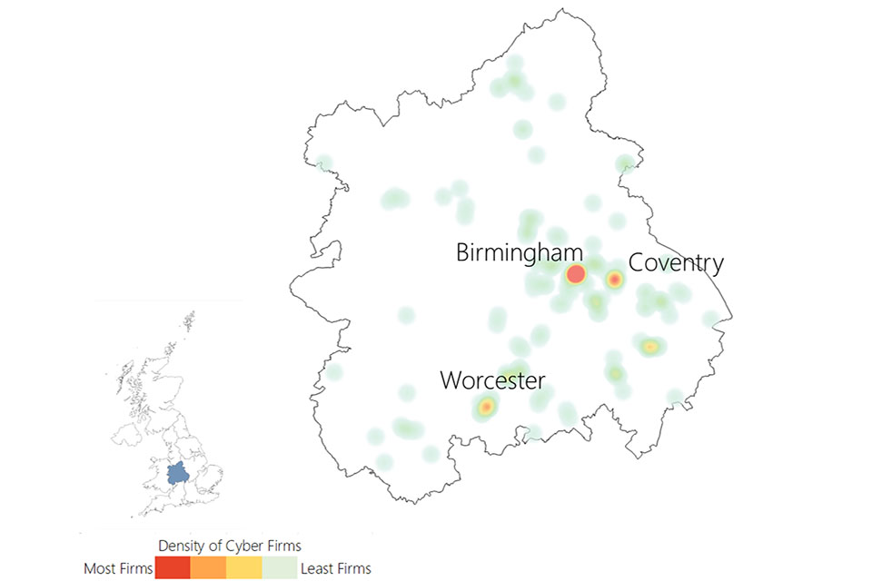 Heat map of the West Midlands showing a density of cyber firms in Birmingham, Coventry and Worcester.