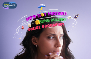 A woman looking pensive and concerned. Three lines appear above her head: ‘he's not himself’, ‘being bullied?’ and ‘online grooming?