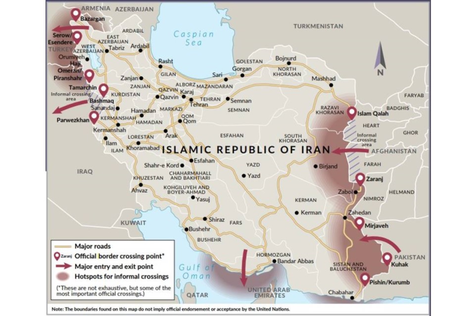 Map produced in the October 2020 GIATOC report of the Iran-Iraq border, showing official border crossings, major points of entry and exit, and hotspots for informal crossings