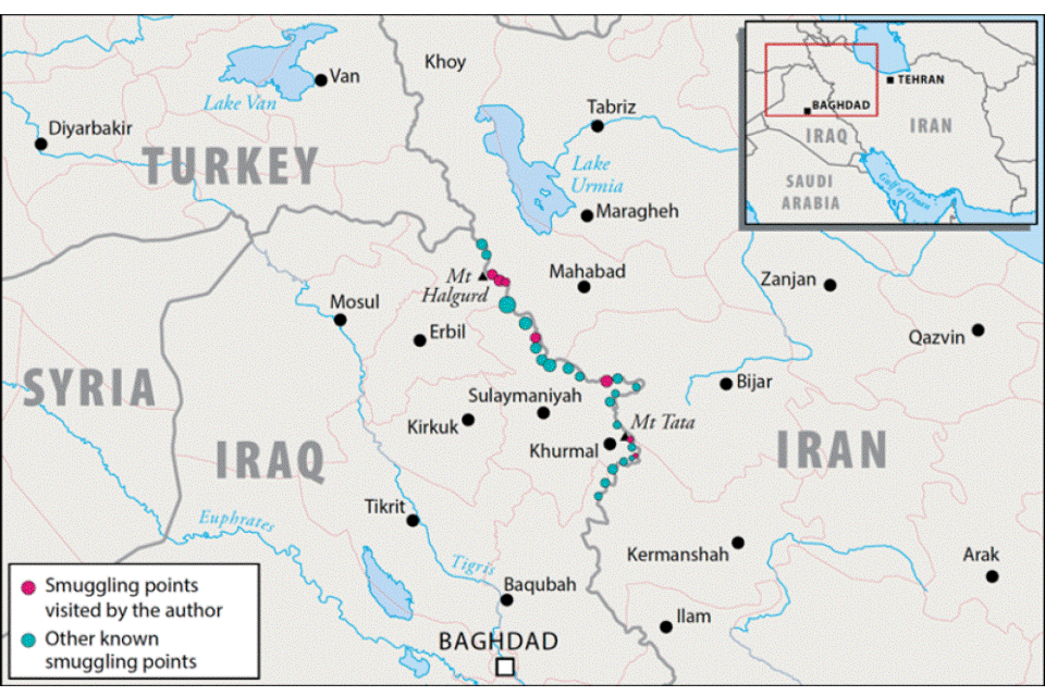 Map produced in the April 2019 GIATOC report showing smuggling points visited by the report’s author and other known smuggling points along the Iran-Iraq Kurdistan border