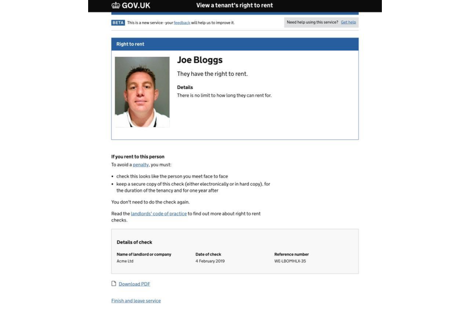 A screenshot of the Home Office online service. It shows a person, named Joe Bloggs', right to rent. 