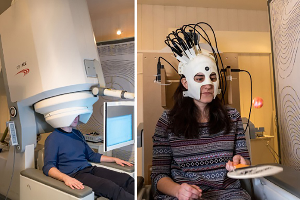 Images of a person sitting with their head inside a very large machine and of another person wearing a headset with wires coming out 