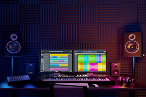 Music software on screens, with keyboard and speakers.