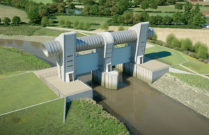 A design of the Bridgwater tidal barrier, it shows the barrier across the River Parrett in Somerset