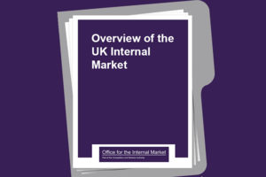 Image showing report folder with report title page from OIM's Overview of the UK Internal Market. OIM logo