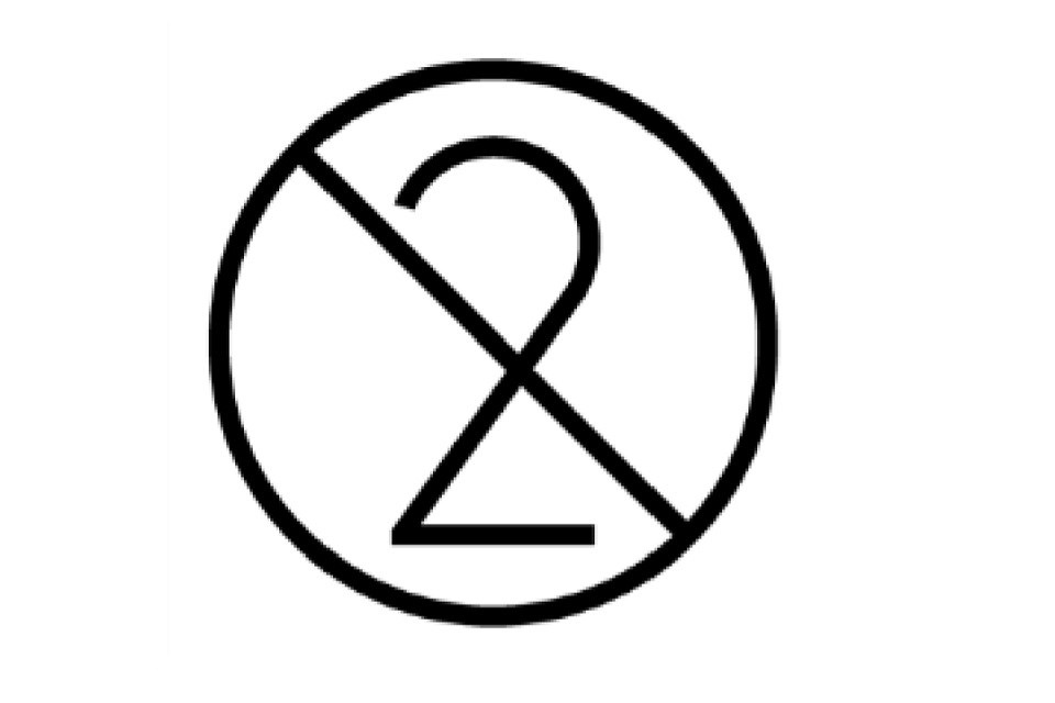 Symbol depicting the number 2 in a circle with a line through it. This indicates that an item with this symbol should only be used once.