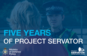 MDP Project Servator five-year anniversary graphic, with police officer engaging with a member of the public
