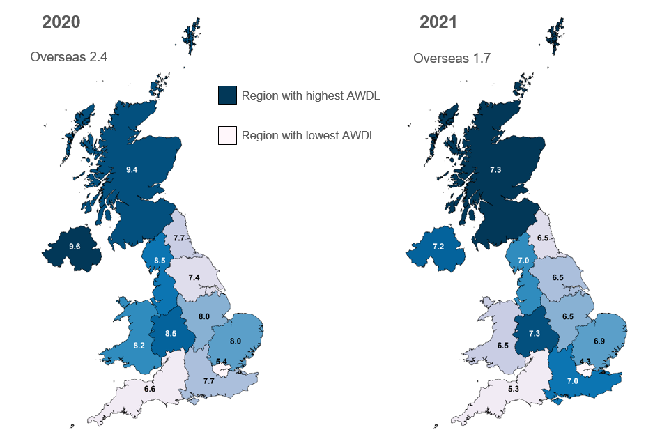 Maps showing average working days lost by region in 2020 and 2021 