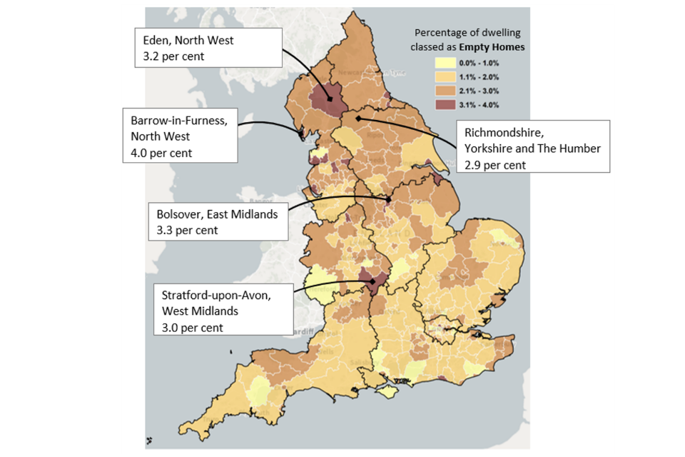 Map showing percentage of dwellings classed as empty by Local Authority District area in England. The areas with the highest percentage of dwellings classed as empty homes are Blackpool, City of London, and Barrow-in-Furness, all 4.0 per cent.