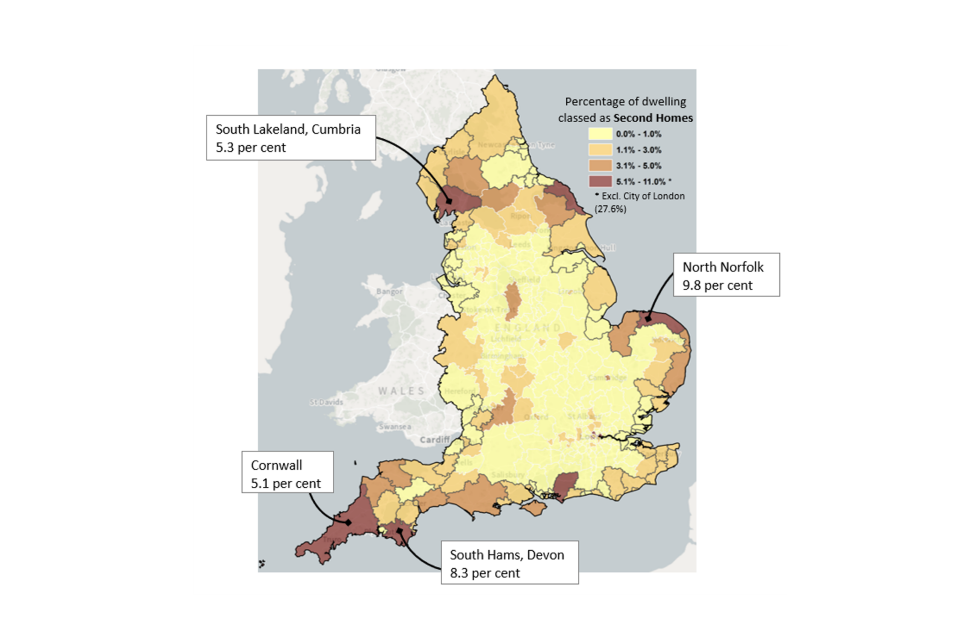 Map showing percentage of dwellings classed as second homes in England. The highest percentages are 9.8 per cent for North Norfolk, 8.3 per cent for South Hams in Devon, 7.3 per cent for South Lakeland and 5.1 per cent for Cornwall.