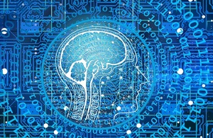Profile of digital head on background of binary code